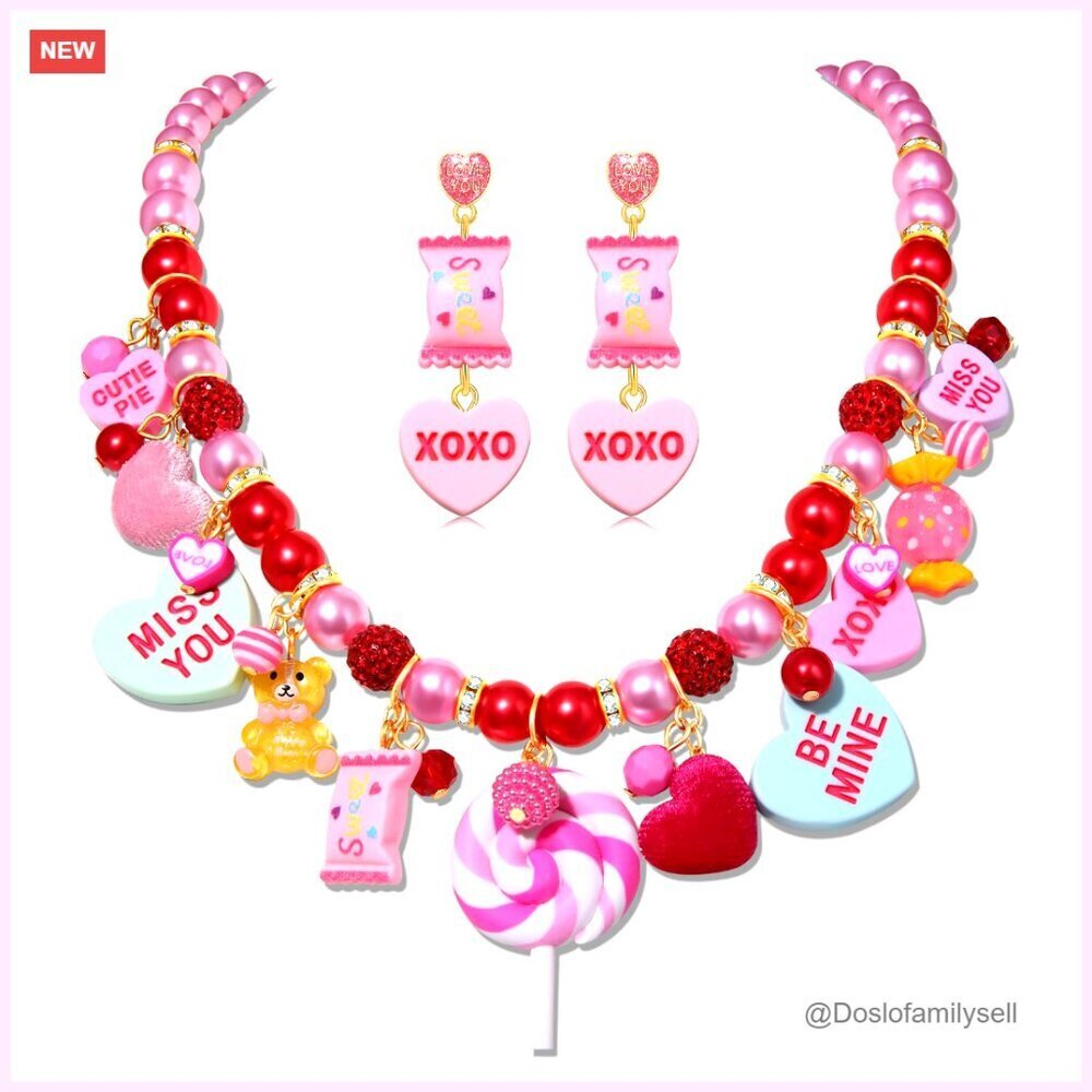 Chunky Link Chain Choker Necklace with XOXO Earrings Conversation Heart Jewelry